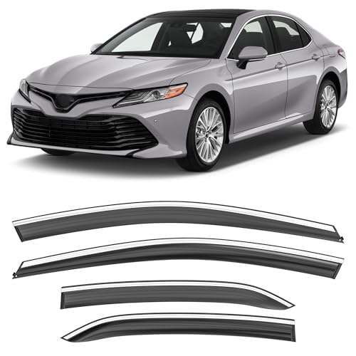 Image of Shatterproof Taped-On Window Deflectors for Toyota Camry 2018-2024 with Chrome Trim, Rain Guards, Window Visors for Car, Vent Deflector, 4pcs