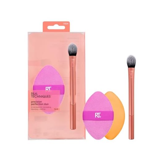 Real Techniques Precision Perfection Duo, pincel corretivo de pata de gatinho viral e sopro de pó de dupla face para pó e base, conjunto de pincéis de maquiagem para viagem, sem crueldade, conjunto de