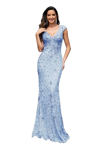 Womens Sequined Long Evening Gown Glamous Sleeveless V-Neck Mermaid Prom Dress for Wedding Party...