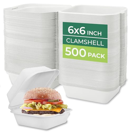 Image of Freshware Clamshell Food Containers with Lids [6x6 500-Pack] Disposable To Go Containers, Biodegradable Sugarcane To Go Boxes - Paper Container - Microwave & Freezer Safe, Stackable