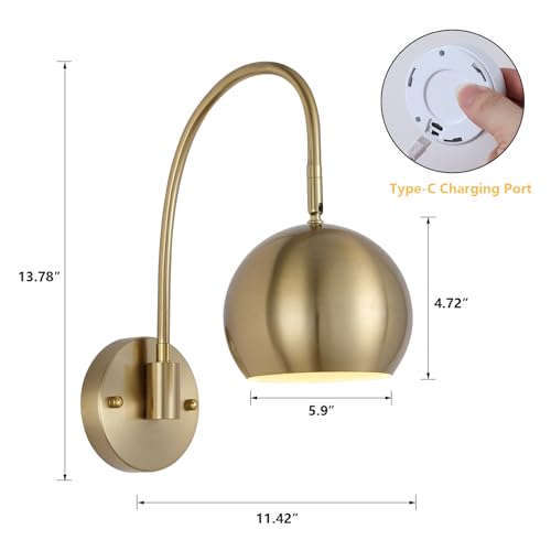 Image of MWZ Gold Battery Operated Wall Sconces Set of 2,Rechargeable Sconces Wall Lights Wireless Swing Arm Modern Light Fixture with Remote,3 Color Dimmable Adjustable Angle Indoor Wall Lamp for Bedroom