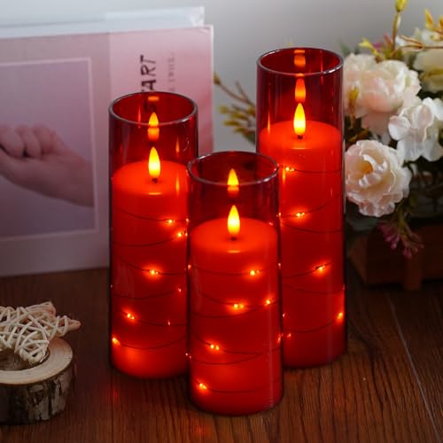 Image of Flameless Candles,with Embedded Star String, Battery Operated Candles Flickering LED Pillar Candles with Remote Control and Timer, Home Decoration Add a Warm and Romantic Atmosphere,Set of 7 (Red)