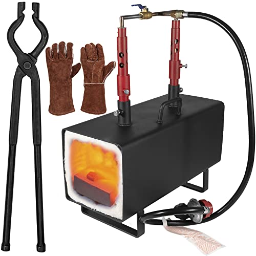 Tragbarer Propangas-Schmiede-Doppelbrenner, Gasschmiede, große quadratische Kapazität, 1300 °C, Schmiede mit V-Bit-Zange und Lederhandschuhen für Schmiedearbeiten, Schmiedewerkzeuge und Ausrüstung Cover