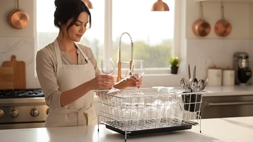Image of Stainless Steel Kitchen Dish Drying Rack with Draining Tray and Cutlery Holder Tub, Utensil Basket /Plate Stand /Bartan Basket /Dish Rack, Durable and Rust-Free, Chrome Finish, Compact Size