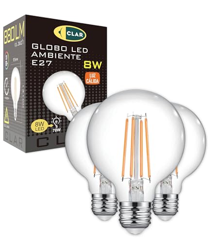 CLAR - Ampoule Globe LED E27 Filament Vintage, Grosse Ampoule, 8W (Pack de 3)