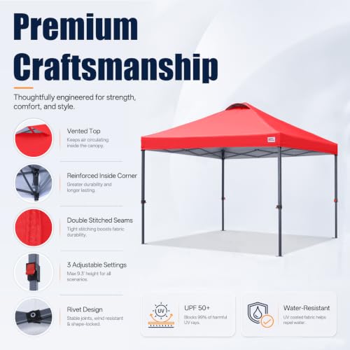 Image of MASTERCANOPY 8x8 Durable Pop Up Canopy Tent with Roller Bag, Red