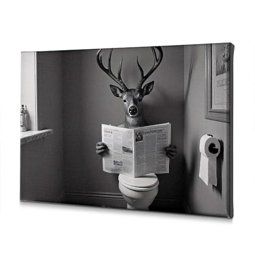 Toile murale de salle de bain avec un cerf lisant son journal de dimensions 20 x 30 cm