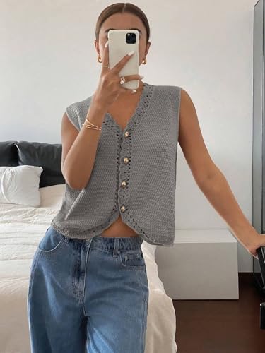 EARKOHA Womens Sleeveless Top Women's Solid Color Single Breasted V-Neck Casual Knit Vest4