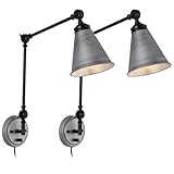WINGBO Swing Arm Wall Lamp Set of 2, Modern Adjustable Wall Mounted Sconce, Gunmetal and Black Plug-