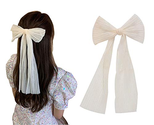 AimeelyWomen Teens White Bowknot Hair Clip Elegant Silk Yarn Wedding Party Hair Accessories Long