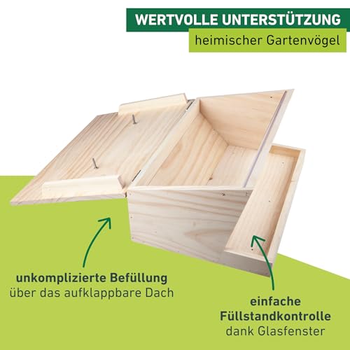 Windhager Vogelfuttersilo Pultdach XXL, Vogelhaus, Futterhaus für Vögel, Vogelhäuschen, Nistkasten Vögel, Füllvolumen Circa 6 Liter, 05364, holz