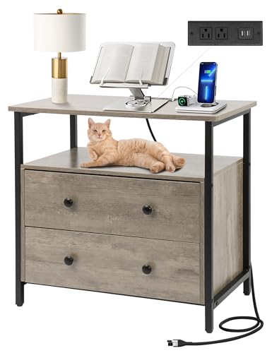 Edbuosy 27 inch Wide Night Stand with Charging Station, Bedside