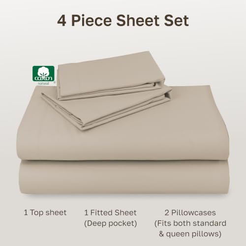 Image of California Design Den Queen Sheet Set - Natural 100% Cotton Sheets Queen Size Bed Set with Deep Pockets, Soft Sateen Weave, Breathable and Durable Bedding Beige (Warm Taupe)