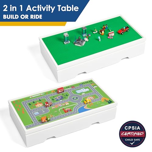 UTEX 3 in 1 Construction Play Table Compatible with Lego, Rolling Kids Activity Train Table with Storage and Wheels, Reversible Top Store Under Beds or Sofas