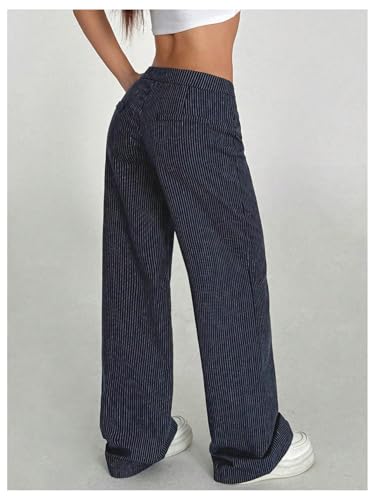 MakeMeChic Women's Striped Wide Leg Dressy Pants Low Waist Button Business Trousers3