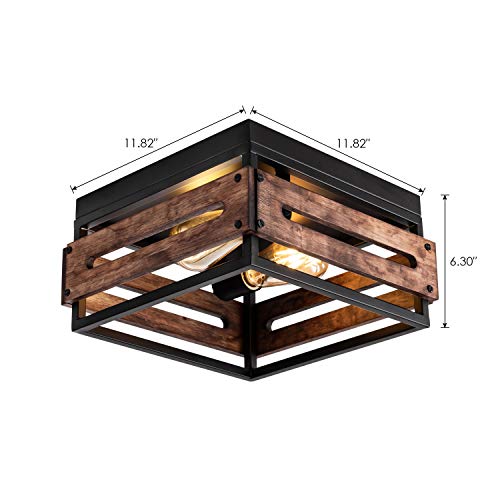 Mayna 2 Lights Farmhouse Flush Mount Ceiling Light, Rustic Ceiling Light, Metal And Wood Square Dining Room Light Fixture For Hallway Living Room Farmhouse #TOP3