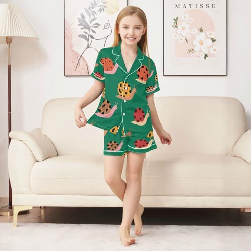 Satin Pajama Sets Short Sleeve Pattern Snail on Green Button Down Silky Nightwear 2 Piece PJS 5-14Y3