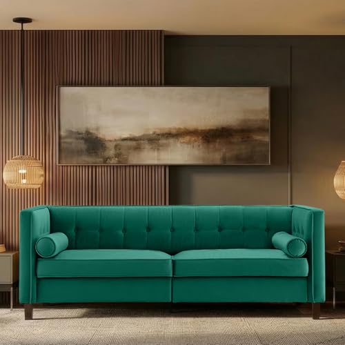 Dreamsir 78'' W Velvet Sofa, Mid-Century Love Seats Sofa Furniture with Bolster Pillows, Button Tufted Couch for Living Room (Sofa, Teal)