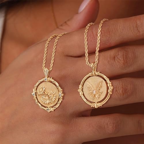 Fettero Gold Necklace for Women Birth Flower Necklace with Birthstone 14K Gold Plated Dainty Rotating Coin Pendant Necklace Personalized Birth Month Jewelry for Birthday Mother's Day Gift 12 Month4