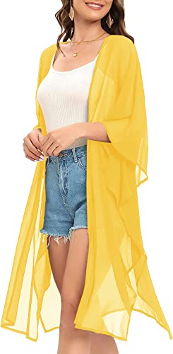 Image of Indian Trendy Women's Solid Puff Sleeve Kimono Long Cardigan Loose Cover Up Casual Blouse Top Chiffon