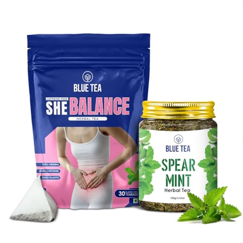 Image of BLUE TEA - Combo Pack - She Balance Tea (30 Teabags - 30 Cups) & Spearmint Herbal Tea (100 gm - 100 Cups) | PCOS & PCOD relief | Helps in Balancing Hormones | Caffeine Free | Zipper & Pet Jar