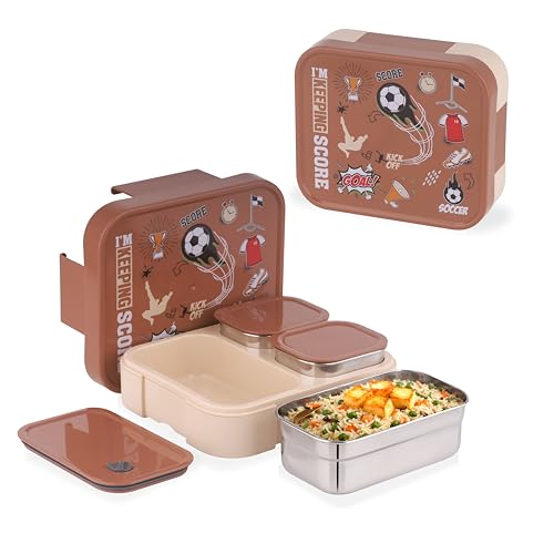 Image of ATTRO Admire Deluxe 3 Compartment Stainless Steel Lunch Box, BPA-Free Inner Steel, Lightweight & Durable, Easy Carry Tiffin for Kids,School & Travel-Soccer Print Brown-800ml