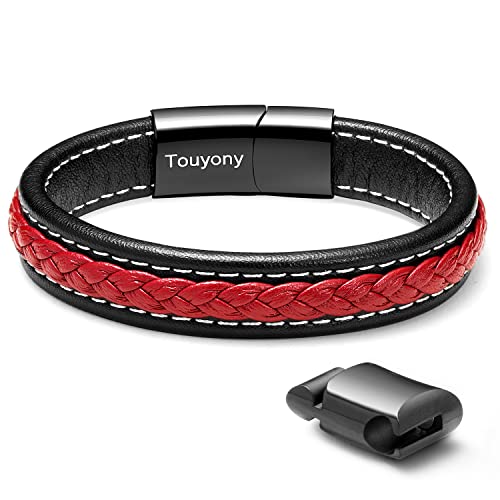 Touyony Red Leather Bracelet for Men Braided Leather Cuff Bracelet Simple Fashion Men's Accessories