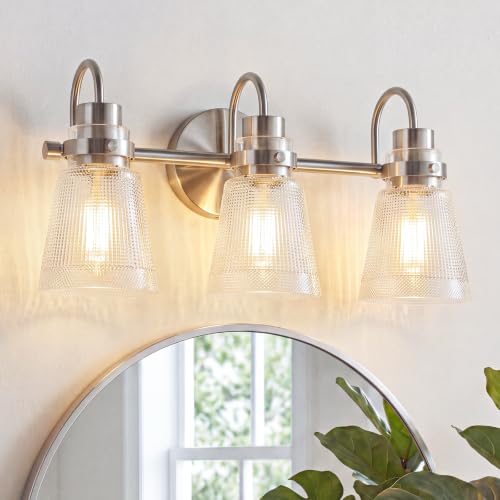 Image of Brushed Nickel Bathroom Light Fixtures, 18.8 Inch Modern Vintage Vanity Lights with Clear Striped Glass Shade, 3-Light Bathroom Wall Sconce Over Mirror for Entryway Bedroom