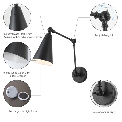 Image of MWZ Black Swing Arm Wireless Rechargeable Sconces Set of 2,Battery Operated Dimmable 3 Color Cordless Wall Lamp with Remote,Indoor Wall Mounted Light Fixture with Cone Metal Shade for Bedside