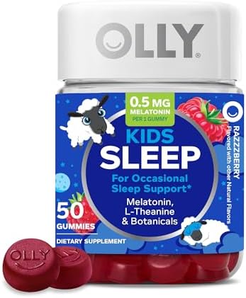 OLLY Kids Sleep Gummy, 0.5mg Melatonin, L Theanine, Chamomile, and Lemon Balm, Childrens Chewable Supplement, Raspberry – 50 Count