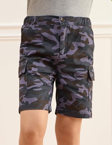 Image of Amazon Brand - Symbol Boy's Graphic Print Oversized Fit T-Shirt and Cargo Shorts (KD-TSB-SS25-10 (6-14 yrs) Grey Melange + Navy Camo 10-12 Y)