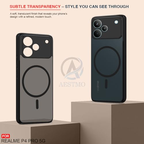 Image of AESTMO Realme P4 Pro 5G Back Cover | 360 Protection | Matte Frosted Hard Back Translucent | Compatible with MagSafe Accessories (MagSafe Matte Hard Black Bumber)