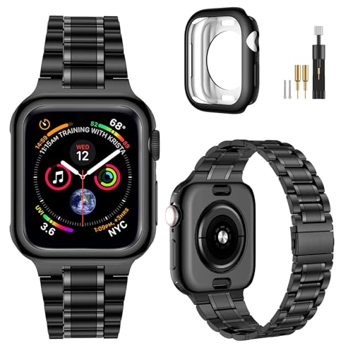 Image of MioHHR Solid Stainless Steel Band Compatible with Apple Watch 42mm (Series 11 10), Metal Strap with Soft TPU Case for iWatch Series 11 /10 42mm Women and Men, Black
