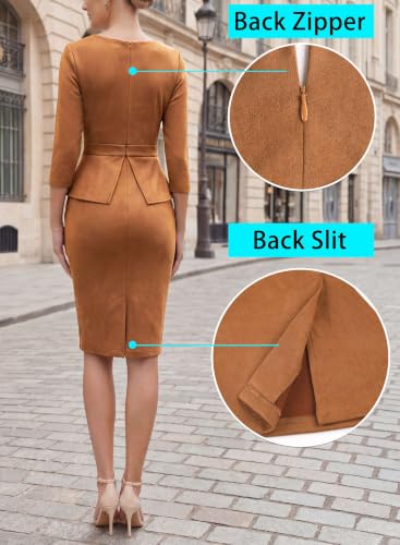 Image of VFSHOW Womens Pleated Crew Neck Peplum Slim Work Business Bodycon Dress | 3 /4 Sleeves, Professional Elegant Church, Funeral, Spring Fall, Fitted Office Pencil Sheath Dress