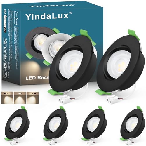 YindaLux 6x Foco empotrable LED 230V 4000K Luz neutra 5W 550LM 45° Orientable Spot de techo Negro Plano Spot LED 230V Taladro 68mm IP44 Luz empotrada para baño GU10 Spots empotrable, No regulable