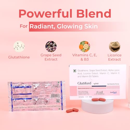 Image of Glutiford Tablets with Glutathione, Grape Seed, Vitamin C & E For Skin Glow, Hydration & Radiance | Daily Skin Nutrition & Antioxidant Support for Smoother, Even-Looking (Pack of 3, 10Tab Each)