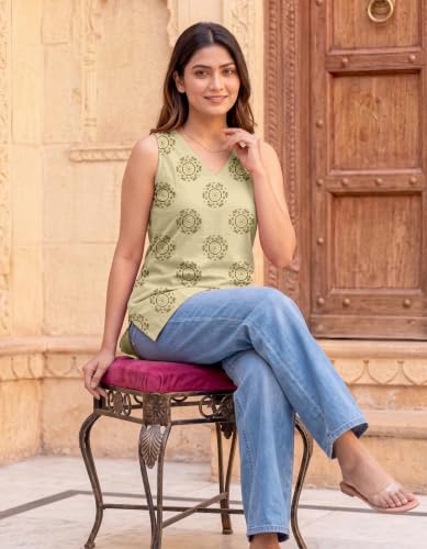 Image of Women's Printed Sleeveless Cotton Kurti Top with V-Neck, Straight Fit Casual Ethnic Tunic for Office, Daily & Casual Wear