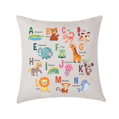 AMZKWY Educational Bedroom Nursery Gifts Animal Alphabet Colour Letters A-Z Cushion Cover Throw Pillow Cover Gift To Kid Family 45x45 cm Children Playroom Decorations (Letter A-N)