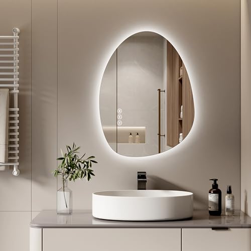 S'AFIELINA Specchio con illuminazione, asimmetrico LED da bagno, 75x55 cm, con interruttore touch, dimmerabile, 3 colori di luce regolabili, senza appannamento, specchio da bagno con illuminazione