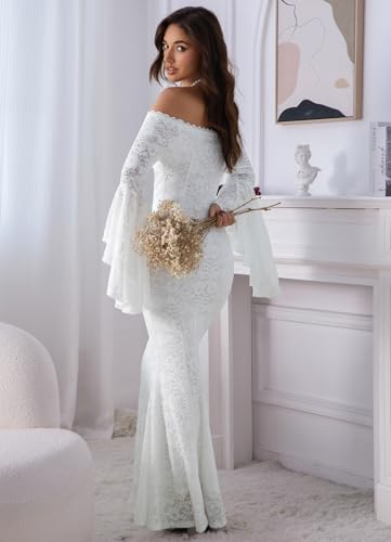 Image of HOYISHION Women's Off The Shoulder Floral Lace Maxi Dress White Bridesmaid Wedding Party Maternity Photoshoot Long Dresses