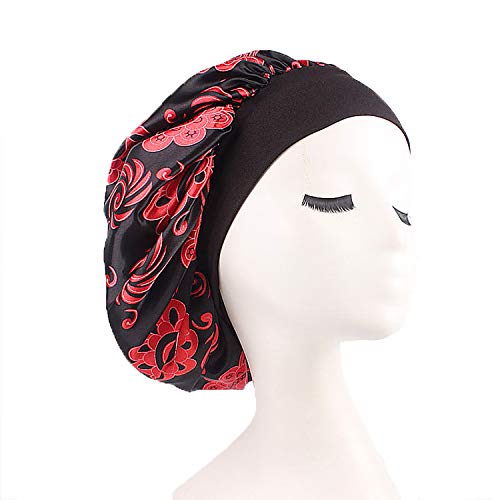 Wide Band Bonnet Night Sleep Cap Sleeping Head Cover for Women Girls (Black/Red)