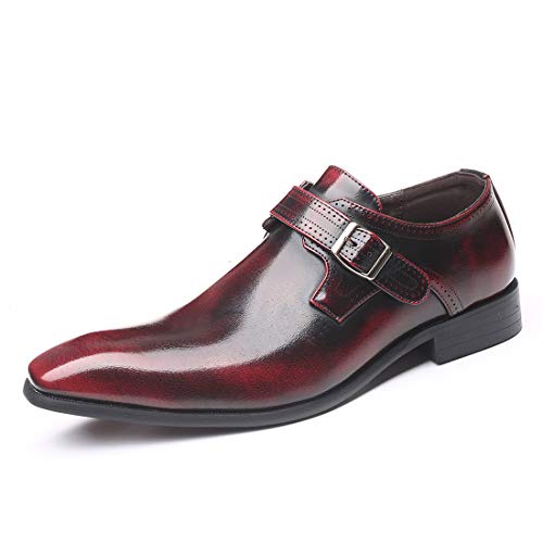 YND Men's Monk Strap Shoes, Brush-Off Leather Slip Ons, Loafer with Single Buckle, Red