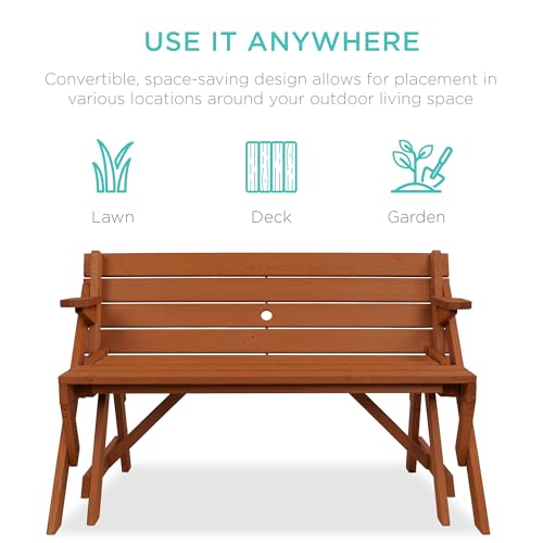 Image of Best Choice Products 2-in-1 Transforming Interchangeable Outdoor Wooden Picnic Table Garden Bench for Backyard, Porch, Patio, Deck w /Umbrella Hole - Acorn