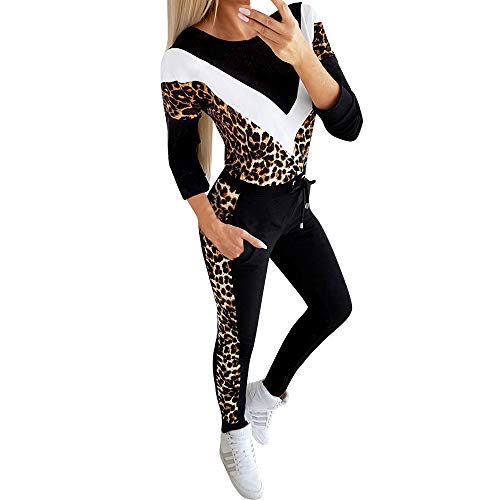 Forwelly Leopard Print Sweatsuit for Women Long Sleeve Tops+Pant 2 Piece Outfits Set Winter Lounge Tracksuit Gym Clothes Black