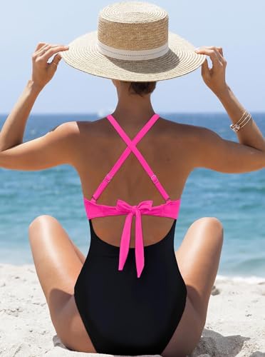 popvil One Piece Swimsuit for Women Tummy Control Bathing Suit Neon Cutout Braid Swim Suits Color Block Swimwear4