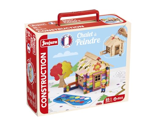 Chalet a Peindre 85 Pieces - JEUJURA - Jeu de Construction en Bois Naturel, Accessoires et Peinture Inclus, 26x24x9 cm, Marron,