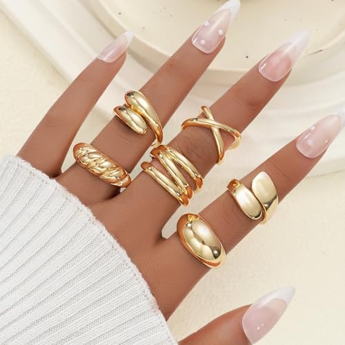 YEEZII Chunky Gold Rings for Women Non Tarnish, 18K Gold Plated Stackable Thumb Ring, Statement Women Rings Set4
