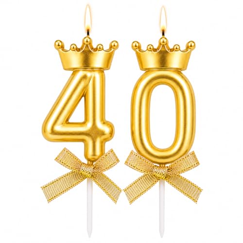 Image of Premium Gold Number 40 Birthday Candle Set with Crown - Metallic Cake Topper for 40th Birthday & Anniversary Celebration, 2 Pcs