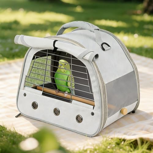 Image of Bird Travel Carrier Cage, with Stainless Steel Metal Window and Wood Perch, Portable Bag for Cockatiel Parakeet Conure Green Cheek Budgie (Grey, Steel Window)