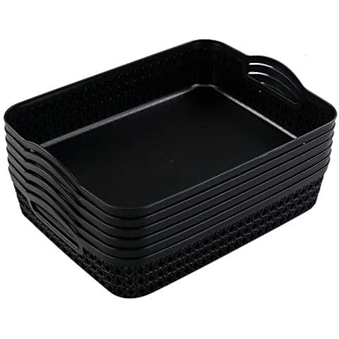 Dehouse 6-Pack Large Plastic Shallow Storage Basket Tray, Black Cover